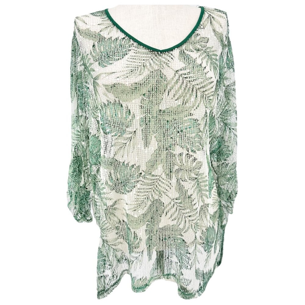 Green & White Sheer Leaf Pattern Tunic Swim Coverup 2X Polyester Women Plus Size